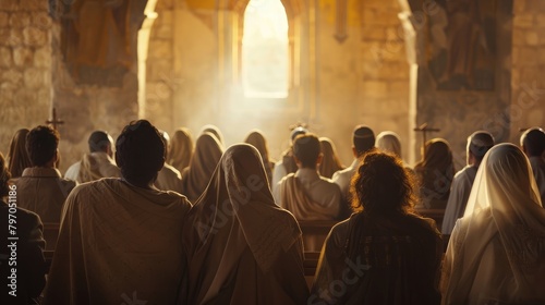 A detailed image of a group of people reciting the Shema prayer during Shavuot. photo