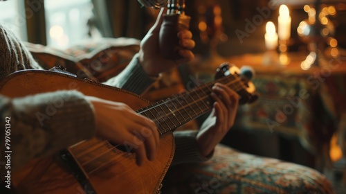 A close-up of two best friends playing a musical instrument together in a cozy living room on National Best Friends Day. photo