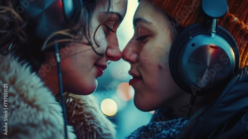 A close-up of two best friends sharing headphones and listening to music together on National Best Friends Day. photo