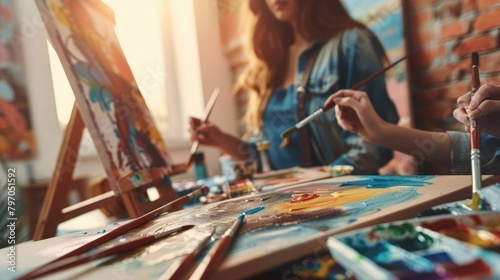 A close-up of two best friends painting together in a sunlit art studio on National Best Friends Day. photo