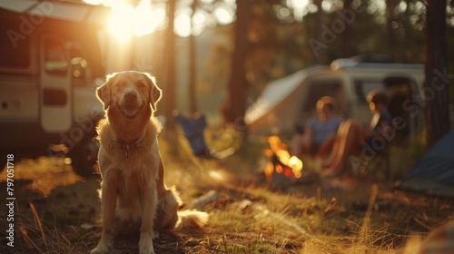 Dog at campground with RV truck and happy family photo