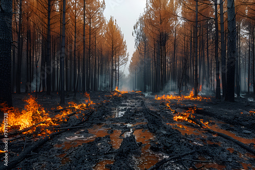 The smoldering remains of a forest postfire with lingering flames,The quiet power of a forest recovering from fire photo