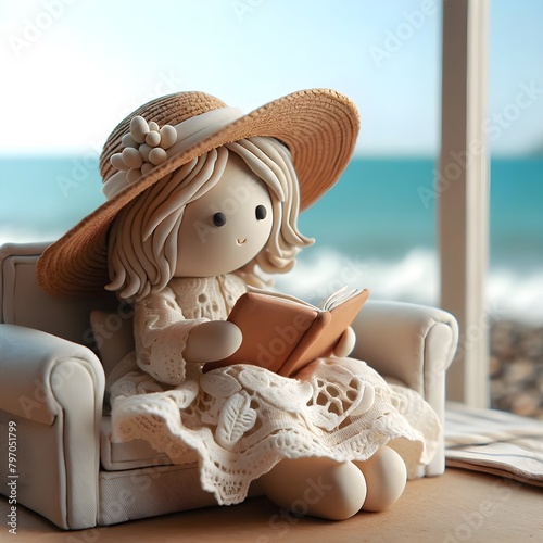 Femme lisant au bord de la mer dans un canapé