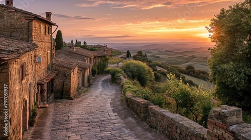 The warm glow of sunset bathes an old Tuscan village, with its historic stone buildings and rolling hills in the background. Resplendent.