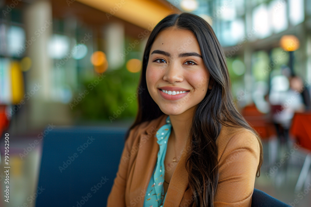 Smiling Latin woman in academic setting, radiating confidence and professionalism in vibrant campus surroundings. Smiling Latin woman in academic setting, radiating confidence and professionalism in vibrant campus surroundings.