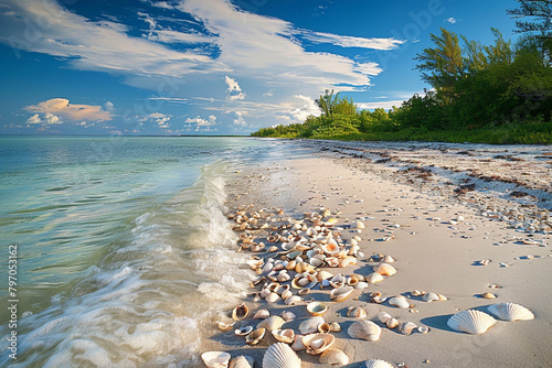 A tranquil beach with seashells scattered along the shore