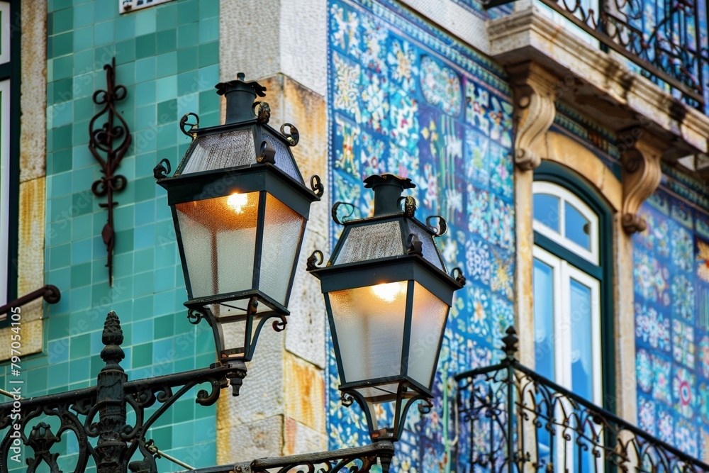 Close-up of traditional apartment building with blue tiles facade. Beautiful simple AI generated image in 4K, unique. Close-up of traditional apartment building with blue tiles facade. Beautiful simple AI generated image in 4K, unique.