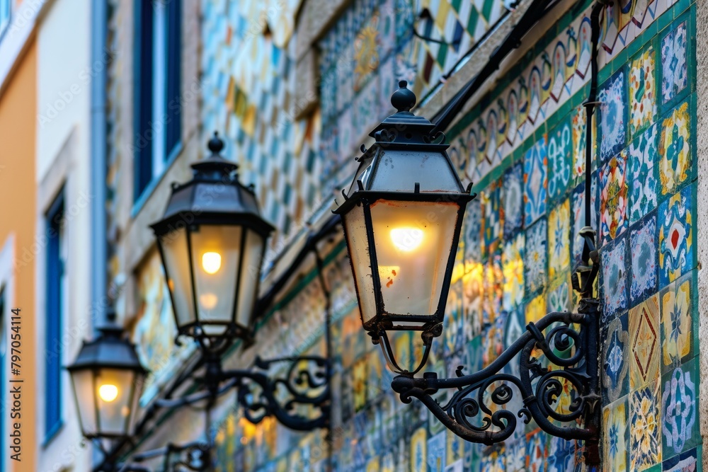 Close-up of traditional apartment building with blue tiles facade. Beautiful simple AI generated image in 4K, unique.