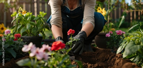Woman in work outfut plants flowers in sunlit garden.