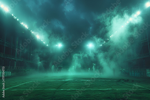 Toxic Green Fog A Nightmarish Scene in the Socce,
A Textured Soccer Field Enveloped In Neon Fog Centered Around The Midfield
 photo