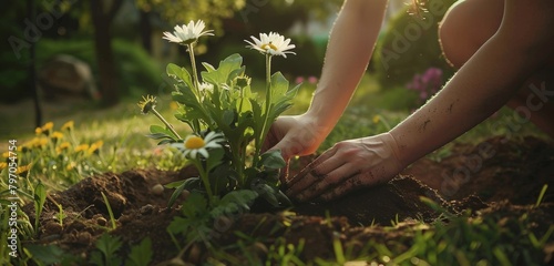 A gardener works with white flowers at sunset. photo