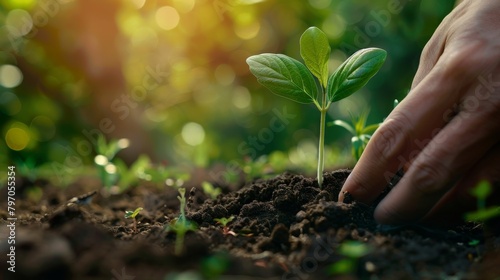 A hand planting a small plant in the soil with a blurred background of green plants photo