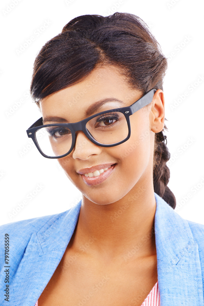 Studio, portrait and girl with glasses, confidence with eyewear, geek fashion and business clothes. Receptionist, secretary or woman with designer frame, lenses and nerd style on white background.