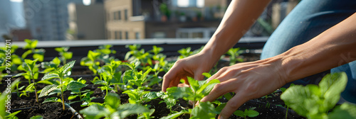 A closeup shot of hands planting mint plants in the rooftop garden. with greenery and city buildings visible behind them 