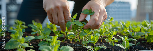 A closeup shot of hands planting mint plants in the rooftop garden. with greenery and city buildings visible behind them  photo