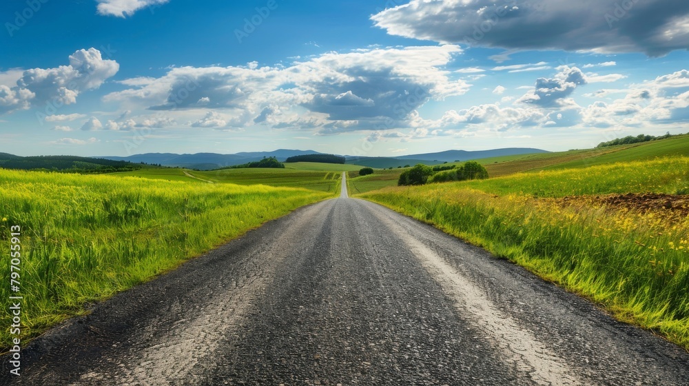 A long and winding road through a lush green field on a bright sunny day with white clouds dotting the blue sky.