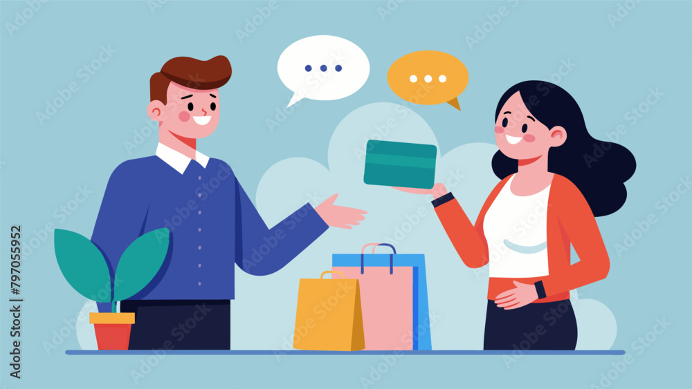 A sale associate skillfully uses persuasive language to convince a customer to buy a more expensive item preying on their impulse to splurge. A sale associate skillfully uses persuasive language to convince a customer to buy a more expensive item preying on their impulse to splurge.