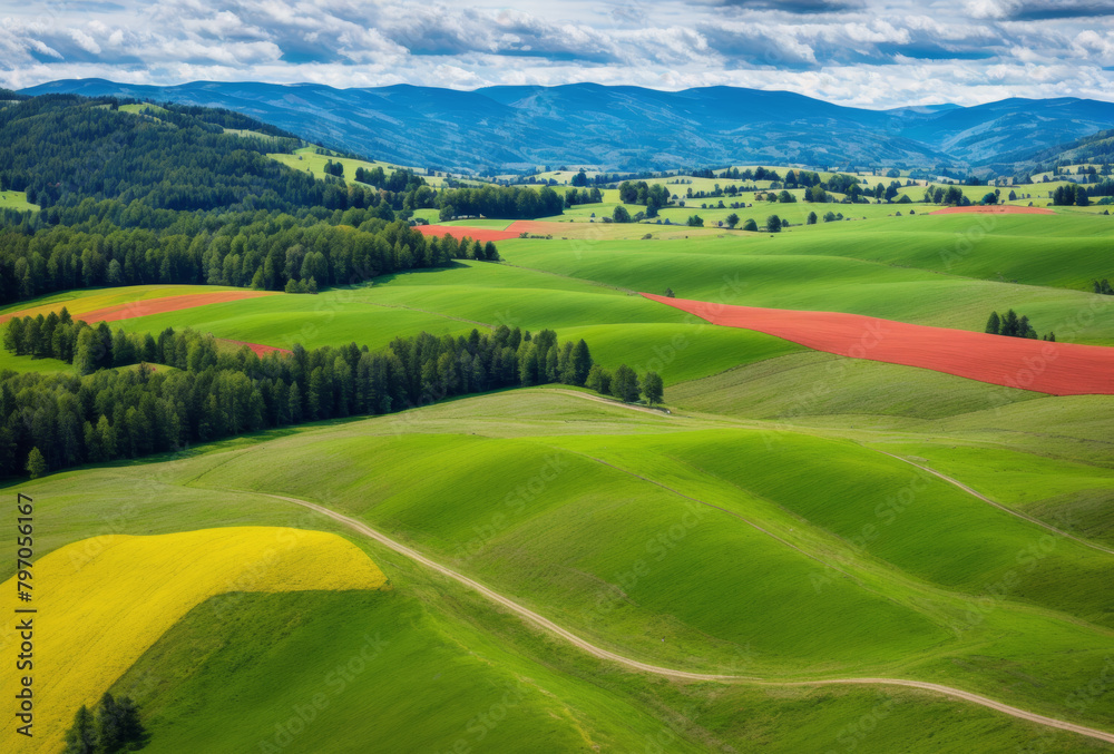 Vibrant drone shot capturing the patchwork of rolling hills and meadows in spring. AI generated. Vibrant drone shot capturing the patchwork of rolling hills and meadows in spring. AI generated.