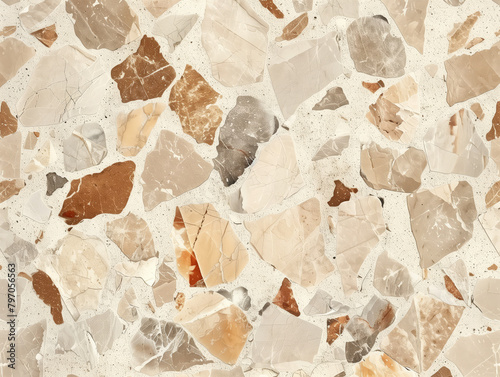 Close up view of fragments of rock material creating stunning pattern on wall in stylish interior. Quartz shatters mixed with limestone parts forming exquisite mosaic