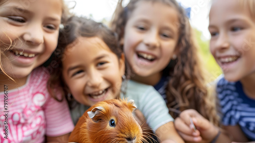A collection of ecstatic school kids observing and holding brown baby guinea pigs in a school pet house setting. It is a close-up picture on a sunny day.  photo