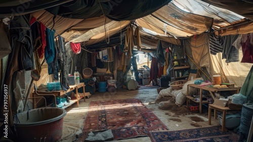 A detailed image of a refugee family's living area, highlighting the few possessions and makeshift furniture. © Manzoor