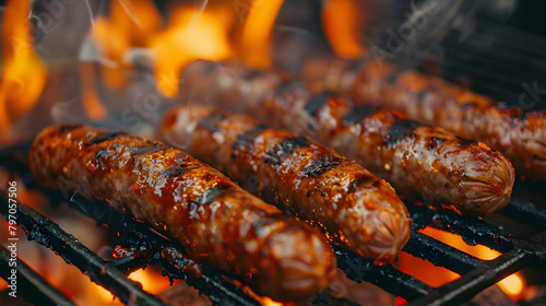 Sausages and merguez cooking on a barbecue grill, with flames licking the meat. Perfect for summer parties and outdoor gatherings.