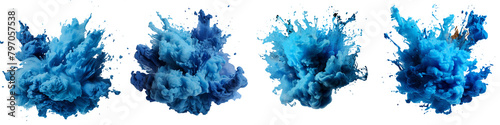 Set of blue explosions isolated on transparent background. Colorful paint splash elements for design. Powder paint effect design element PNG cutout