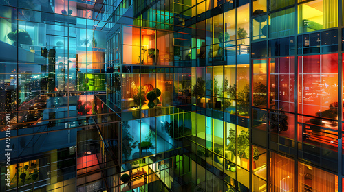 A colorful glass building with multilevel cube spaces for luxury living. each window glowing from within