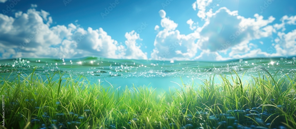Grassy Field With Water and Clouds