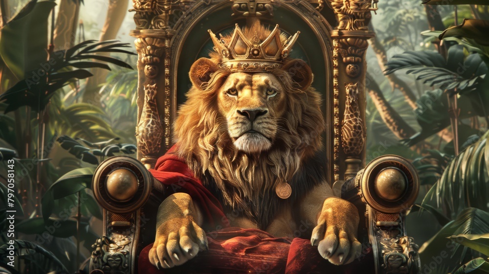 A majestic lion king, adorned with a golden crown and a regal red cloak, seated on a throne of intricately carved wood and stone, set in a lush jungle setting A majestic lion king, adorned with a golden crown and a regal red cloak, seated on a throne of intricately carved wood and stone, set in a lush jungle setting