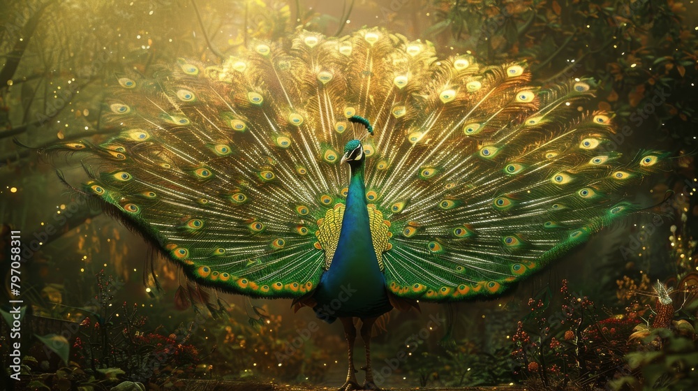 Obraz premium A regal peacock queen, her feathers splayed in a breathtaking display, adorned with sparkling gemstones, in the garden of an ornate palace