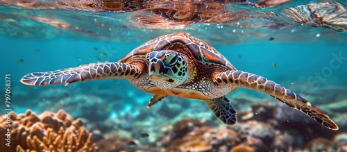 Green Sea Turtle Swimming Above Coral Reef