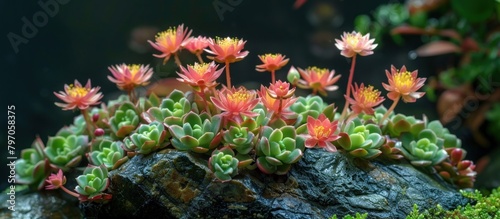 Close Up of Chinese Stonecrop Plant on Rock photo