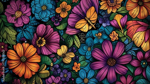 A whimsical garden illustrated with Sharpies, featuring oversized flowers and insects, in a kaleidoscope of colors, each petal and wing vividly outlined © Zaria