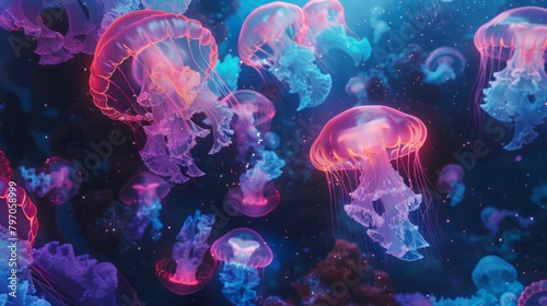 Underwater seascape showcasing a swarm of bioluminescent jellyfish  with vibrant shades of pink and blue against the deep ocean s dark backdrop