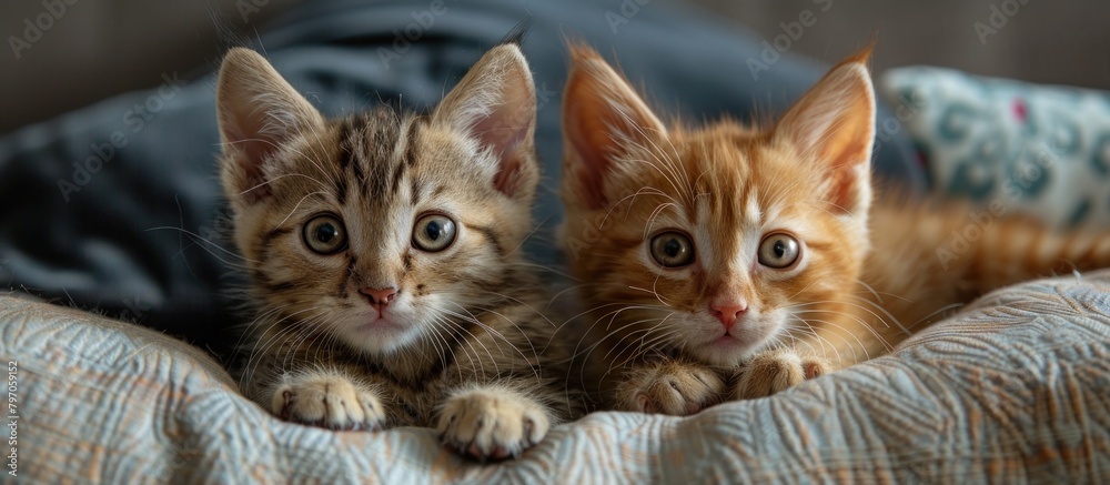 Two Small Kittens Sitting on Bed