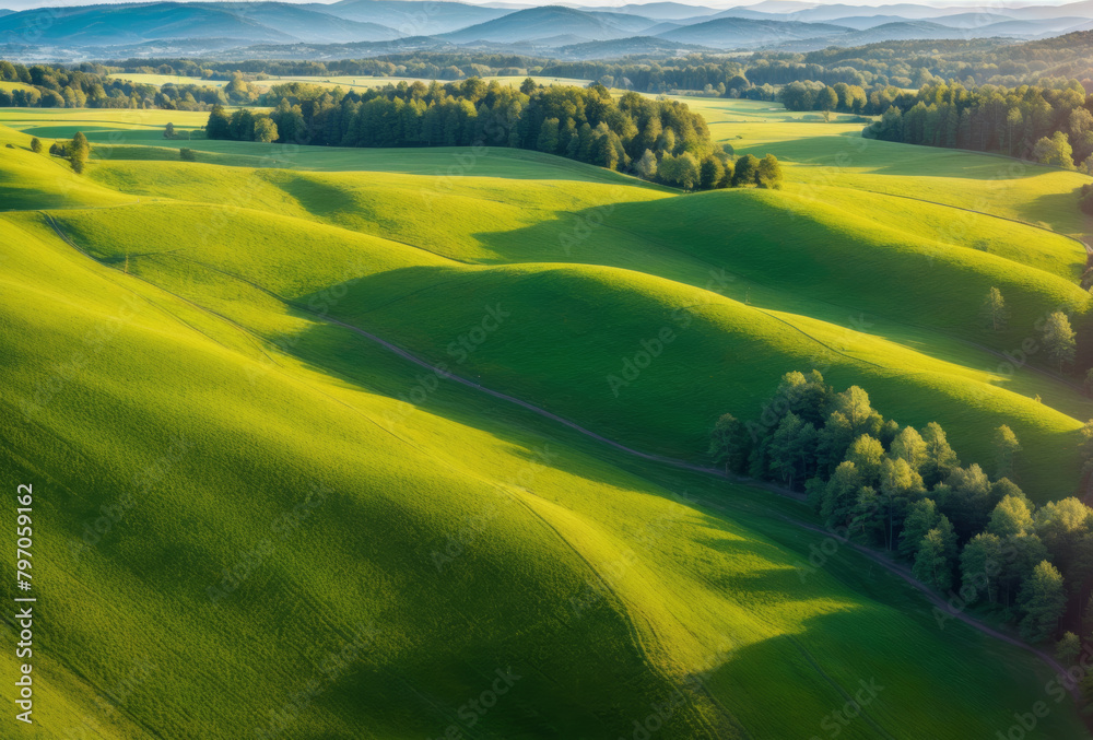 Fototapeta premium Tranquil drone shot of evening light caressing rolling hills and meadows, casting long shadows. AI generated.