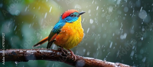 Colorful Bird Perched on Rainy Branch