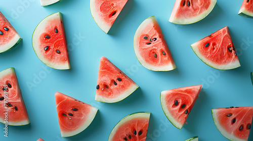 Colorful fruit pattern of fresh watermelon slices on blue background, From top view photo