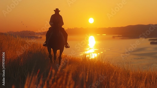 a person riding a horse near a body of water at sunset