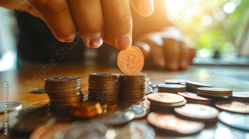 a person putting a coin on top of a pile of coins on a table