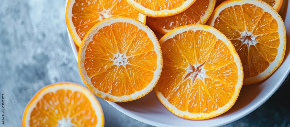 White Bowl sliced oranges a citrus produce on Table White Bowl sliced oranges a citrus produce on Table