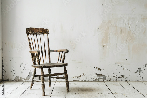 A weathered Windsor chair against a solid white backdrop.