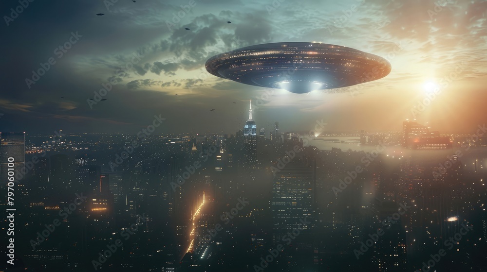 A detailed image of a UFO hovering over a city skyline, casting an eerie glow over the urban landscape, sparking intrigue.