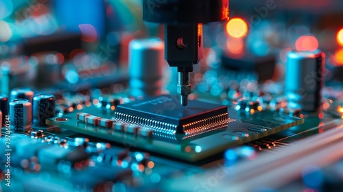 a close up of a computer chip being sold by a machine tool with a bright background of lights and a circuit board..