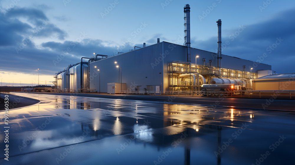 a factory building with a reflection of the water on the ground and a cloudy sky in the background a factory building with a reflection of the water on the ground and a cloudy sky in the background