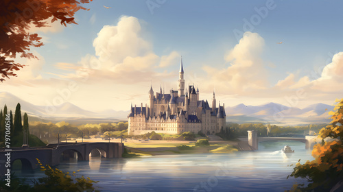 a castle with a bridge and a sky background with clouds