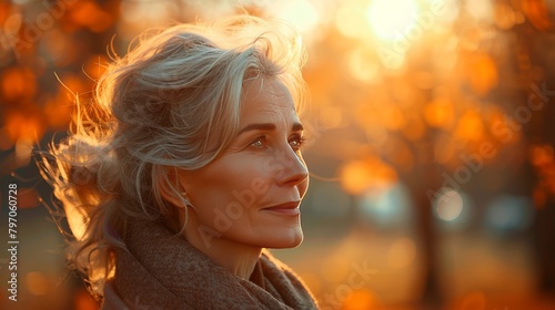 Portrait of a serene mature woman enjoying a sunset, with blurred autumn foliage in the background, Menopause. Hormonal changes, psychological state. Aging.