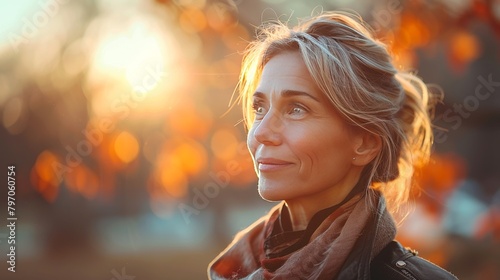 Middle-aged Caucasian woman with short blonde hair, wearing a scarf and jacket, gazing to the side in golden hour light with autumn leaves in the background, concept Menopause, Hormonal changes