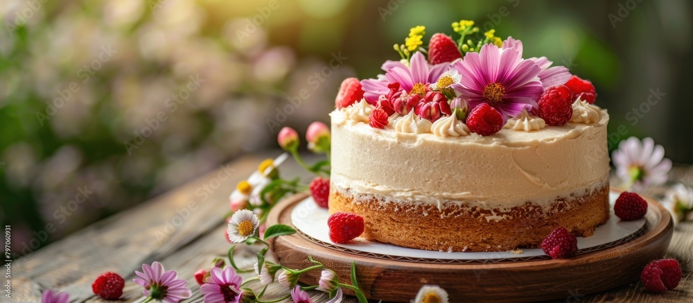 Close Up of Cake With Flowers on Plate Close Up of Cake With Flowers on Plate